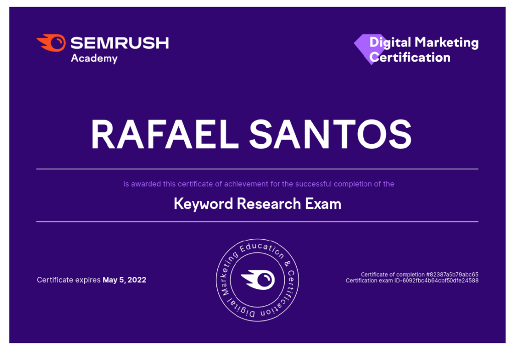 Certificate KeyWord Research Exame_semrush-rafael de atlanta